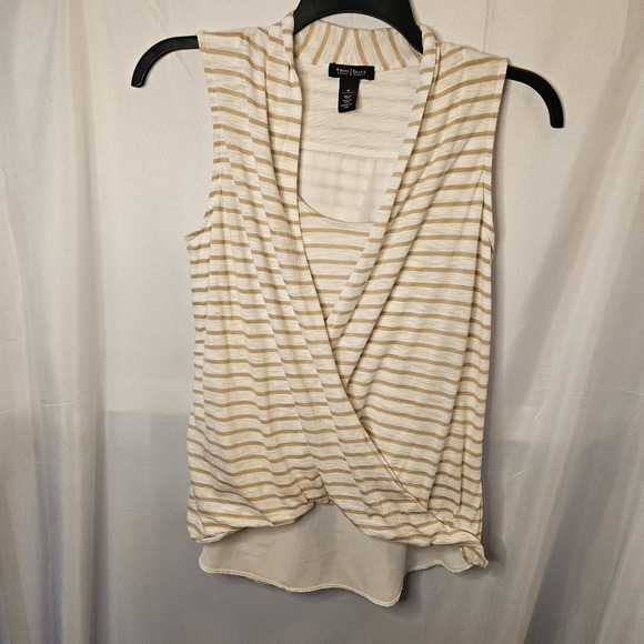 White House Black Market Tops - NWT WHITE HOUSE BLACK MARKET Sz M STRIPE SURPLICE OVERLAY TOP FAWN ECRU